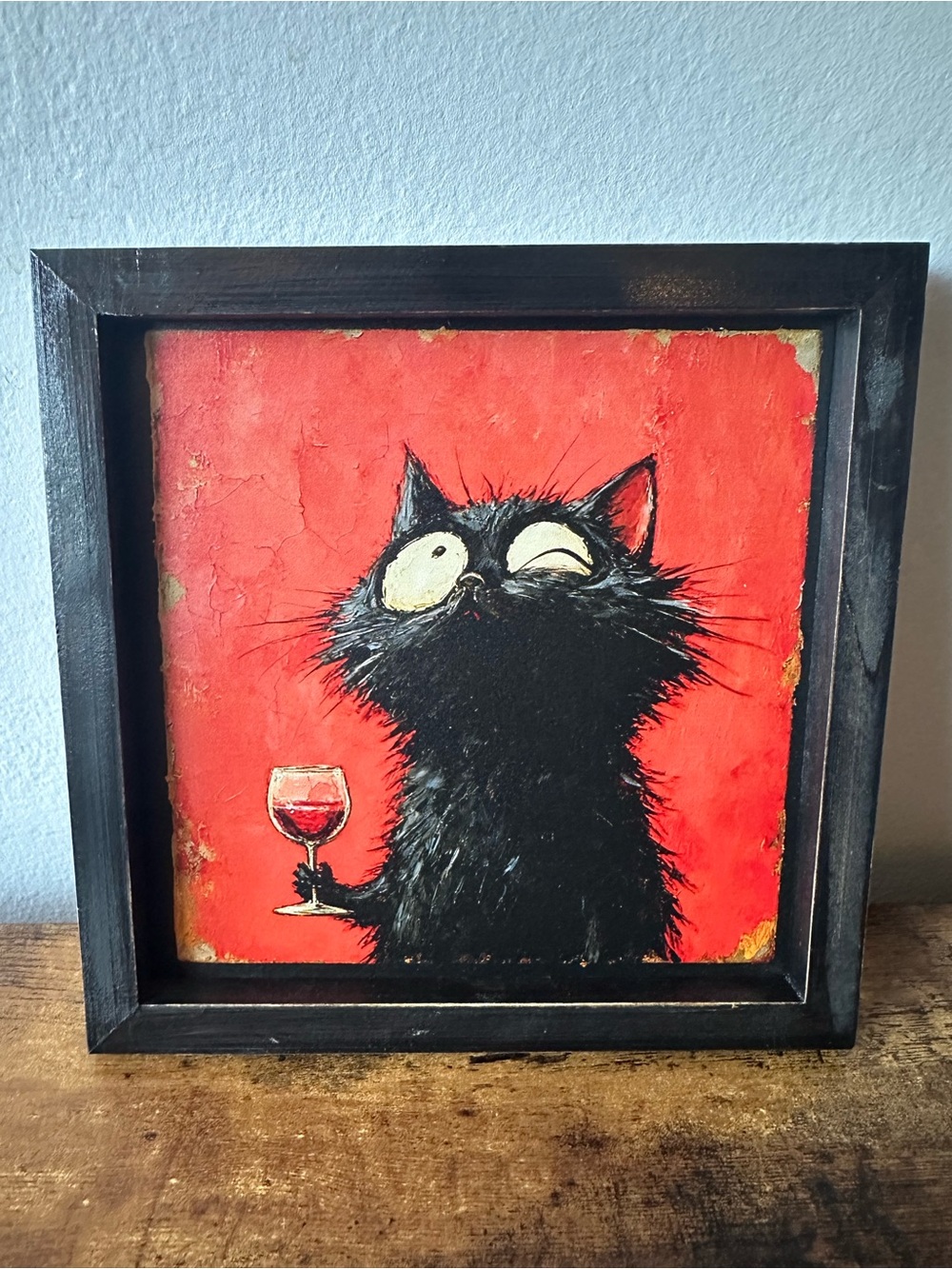 Framed Black Cat Wine Wooden Wall Art - Red Background Home Decor 8x8” NWT - Picture 4 of 5